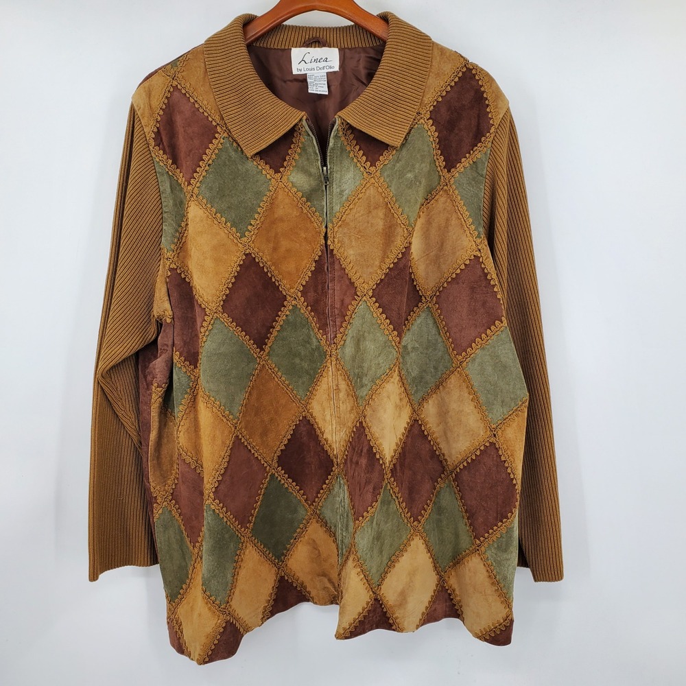 Linea Louis DellOlio Suede Patchwork Knit Jacket Brown Argyle 2X Western Vottage